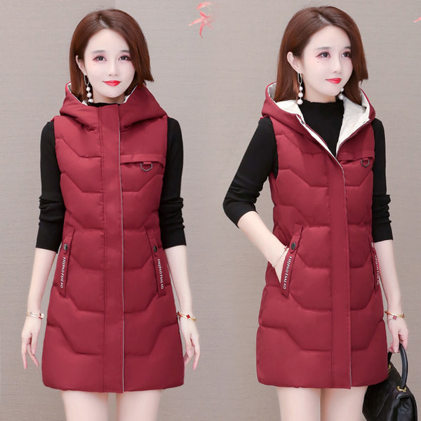 Vestă lungă de damă cu glugă și inscripție