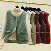 Vestă de pluș de damă cu buzunare și decolteu oval