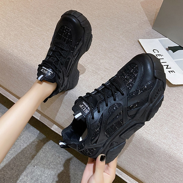 Adidasi de dama cu talpa inalta in alb si negru