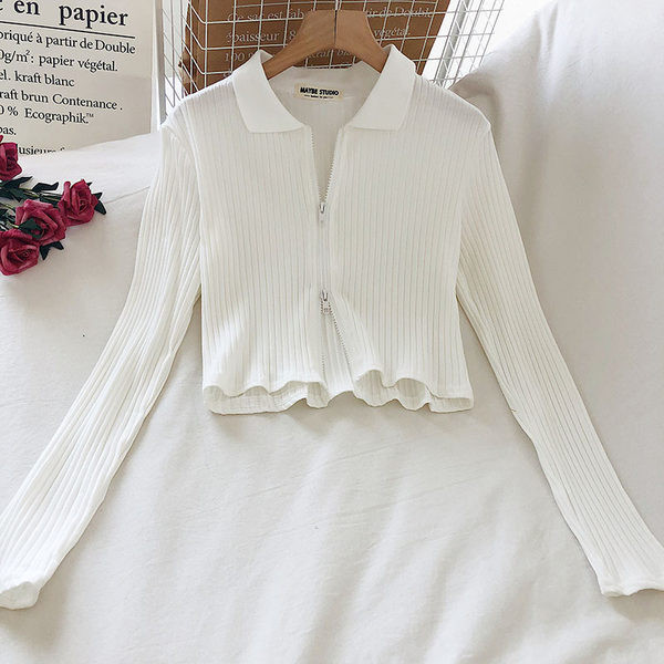 Bluză scurtă de damă modernă cu fermoar și mâneci lungi