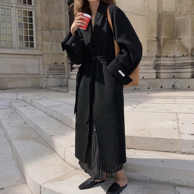 Palton lung casual de dama cu curea si decolteu spitz