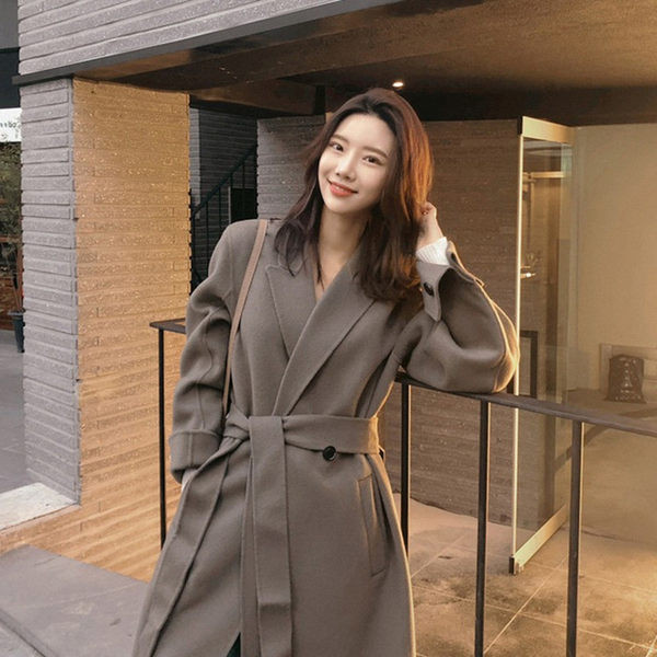 Palton lung casual de dama cu curea si decolteu spitz