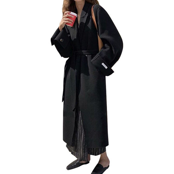 Palton lung casual de dama cu curea si decolteu spitz