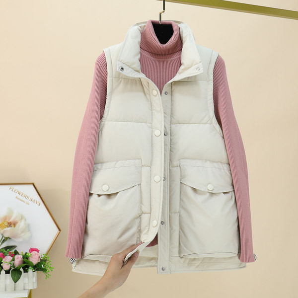 Ležeran prsluk s džepovima i visokim ovratnikom za žene