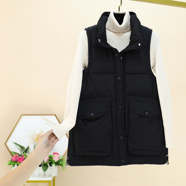 Ležeran prsluk s džepovima i visokim ovratnikom za žene