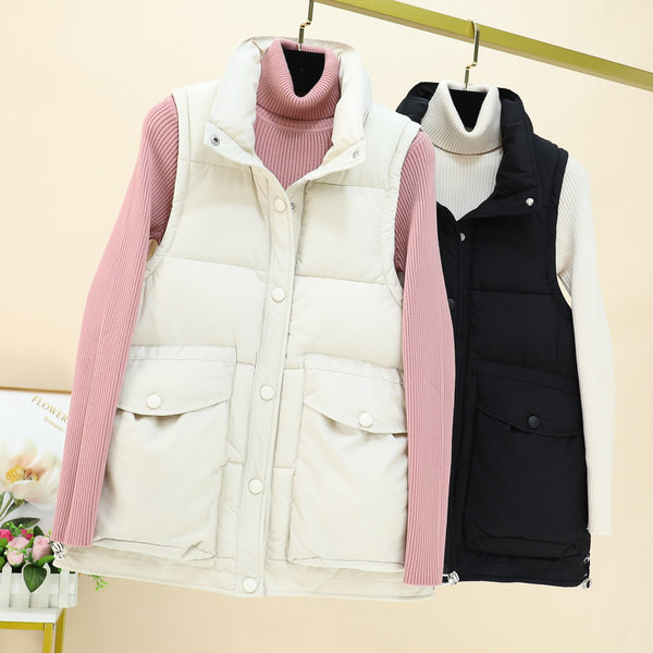 Ležeran prsluk s džepovima i visokim ovratnikom za žene