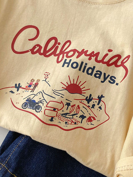 Tricou lat din bumbac de culoare bej cu aplicatie colorata