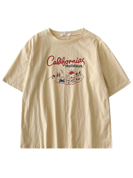 Tricou lat din bumbac de culoare bej cu aplicatie colorata