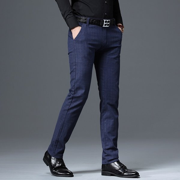 Muške karirane poslovne hlače s džepovima