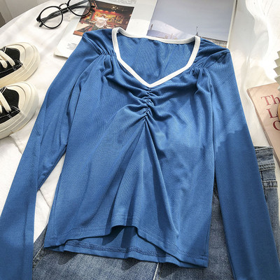 Bluză casual de damă cu mâneci lungi și decolteu spitz