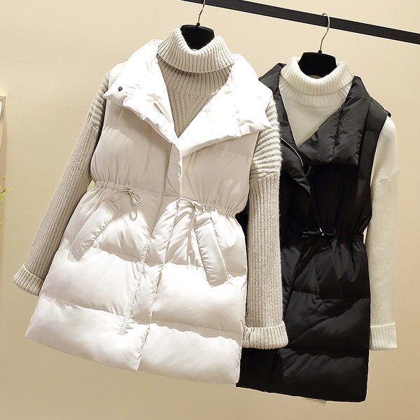 Vestă groasă de iarnă cu lungime medie și legături în talie