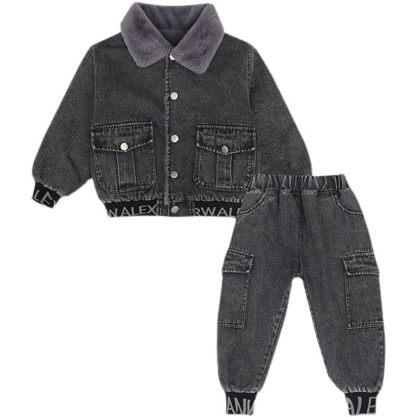 Set de denim casual pentru copii, cu căptușeală caldă