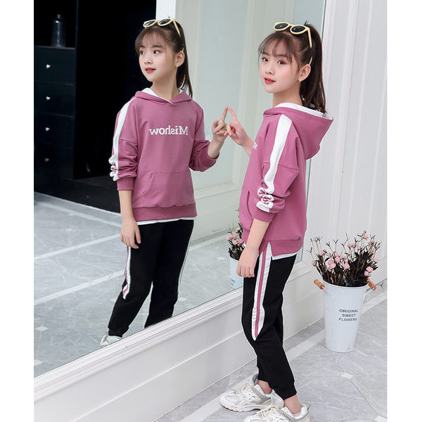 Set sport pentru copii din două părți pantaloni și bluză cu glugă și inscripție