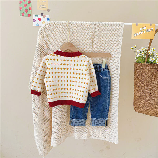 Set de toamna pentru copii din trei parti vesta, bluza si blugi pentru fete