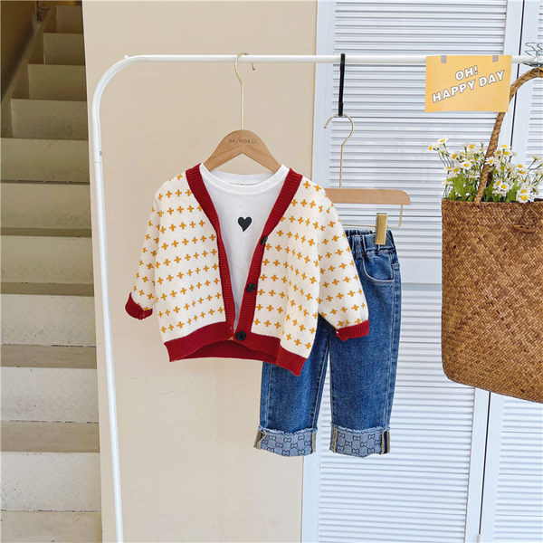 Set de toamna pentru copii din trei parti vesta, bluza si blugi pentru fete