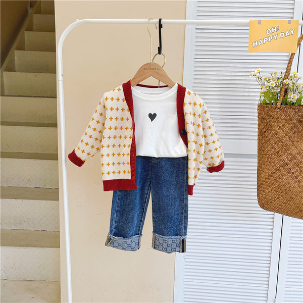 Set de toamna pentru copii din trei parti vesta, bluza si blugi pentru fete