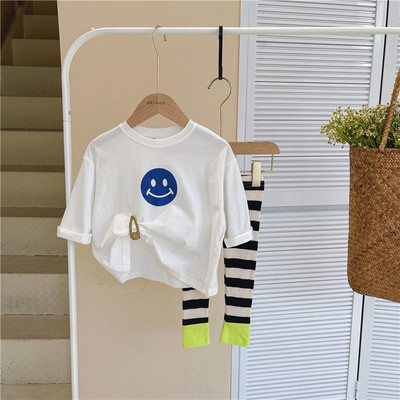 Set de tricou casual cu decolteu rotund și jambiere în dungi