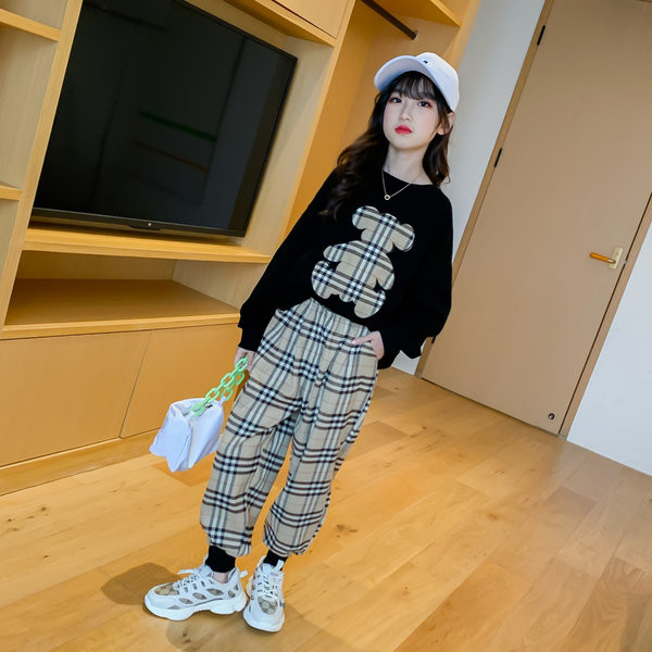 Set de bluza pentru copii cu decolteu rotund si pantaloni in carouri pentru fete