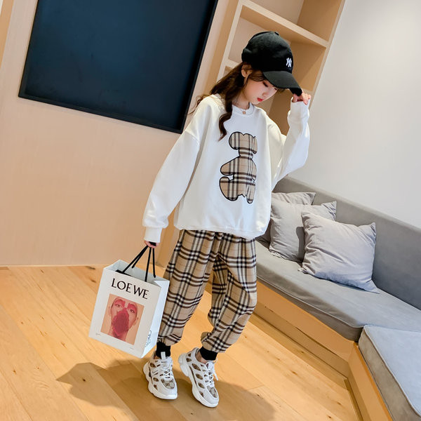 Set de bluza pentru copii cu decolteu rotund si pantaloni in carouri pentru fete