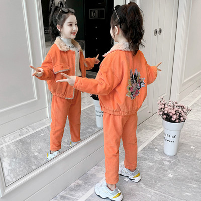 Set modern pentru copii din velur și pantaloni pentru fete în mov și portocaliu