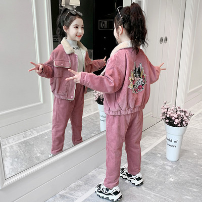 Set modern pentru copii din velur și pantaloni pentru fete în mov și portocaliu