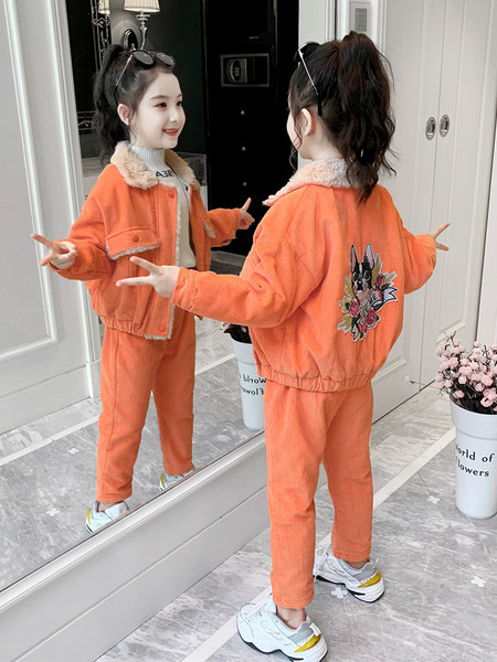 Set modern pentru copii din velur și pantaloni pentru fete în mov și portocaliu