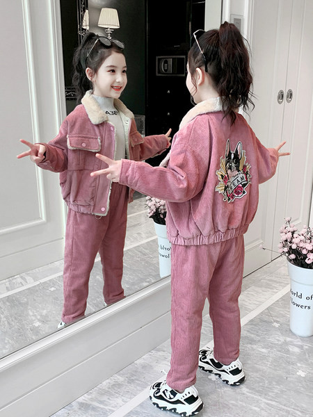 Set modern pentru copii din velur și pantaloni pentru fete în mov și portocaliu