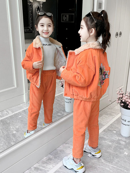 Set modern pentru copii din velur și pantaloni pentru fete în mov și portocaliu