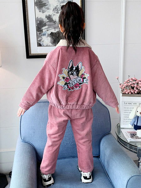 Set modern pentru copii din velur și pantaloni pentru fete în mov și portocaliu