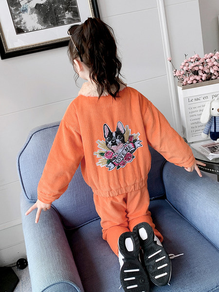 Set modern pentru copii din velur și pantaloni pentru fete în mov și portocaliu