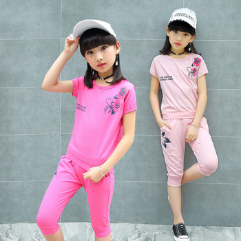 Παιδικό καλοκαιρινό σετ για κορίτσια σε δύο μέρη - T-shirt και παντελόνι 3/4