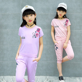 Παιδικό καλοκαιρινό σετ για κορίτσια σε δύο μέρη - T-shirt και παντελόνι 3/4