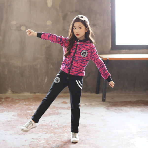 Set copii de toamna pentru fete in doua parti - pantaloni sport si hanorac cu fermoar si gluga