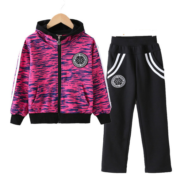 Set copii de toamna pentru fete in doua parti - pantaloni sport si hanorac cu fermoar si gluga