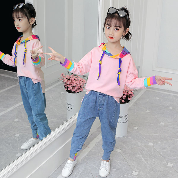 Νέο μοντέλο παιδικό casual σετ μπλούζα με κουκούλα και τζιν