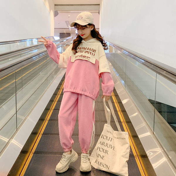 Casual παιδικό σετ μπλούζας με κουκούλα και ροζ παντελόνι