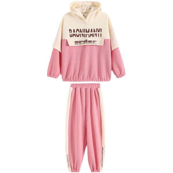 Casual παιδικό σετ μπλούζας με κουκούλα και ροζ παντελόνι