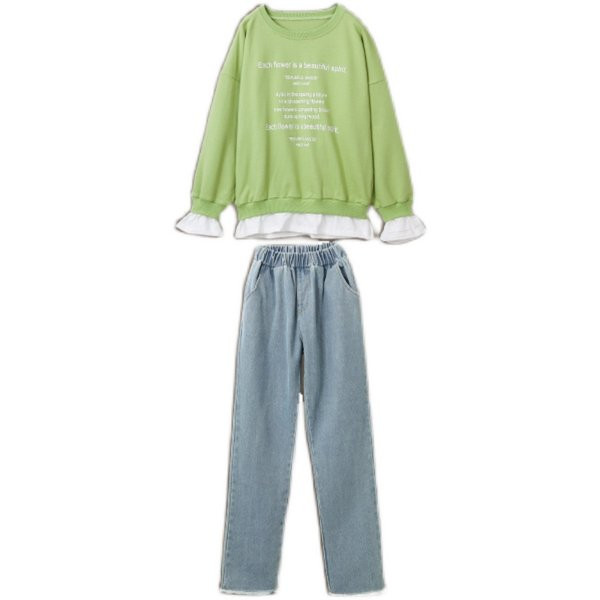 Σετ για κορίτσια σε δύο μέρη - τζιν με λάστιχο στη μέση και μπλούζα