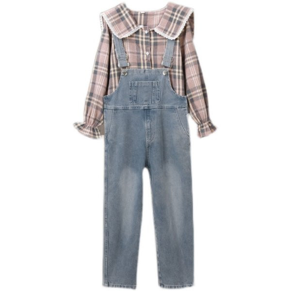 Set copii de salopeta din denim din doua piese si camasa in carouri pentru fete