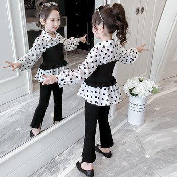Модерен комплект за момичета от два части - риза с дълъг ръкав и панталон