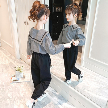Модерен комплект за момичета от две части - риза с дълъг ръкав и панталон
