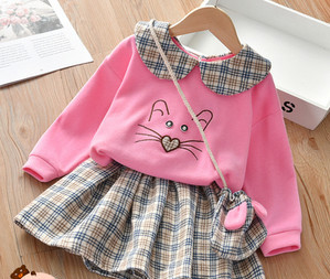 Νέο μοντέλο παιδικό σετ καρό φούστα και μπλούζα για κορίτσια