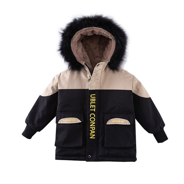 Παιδικό χειμωνιάτικο μπουφάν καπιτονέ με κουκούλα με οικολογική γούνα για αγόρια
