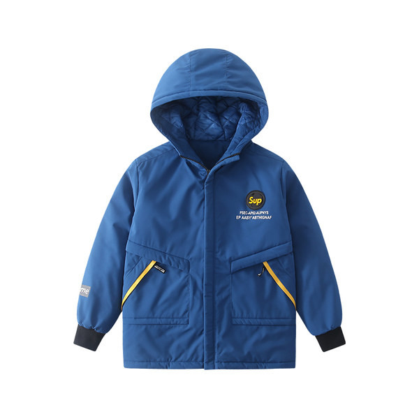 Μπουφάν για αγόρι με κουκούλα και επιγραφή σε μπλε, πράσινο και μαύρο χρώμα