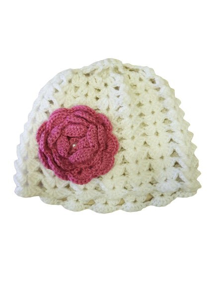 Детска шапка с цвете,ръчно плетена,мека,бяло/розово,3-5 години