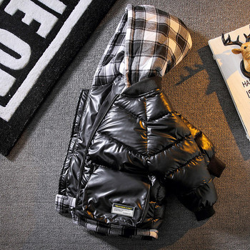 Χειμερινό μπουφάν για αγόρια με καρό κουκούλα μεγάλες τσέπες
