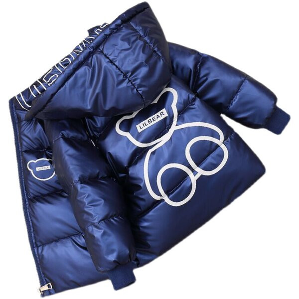 Детско зимно яке с лъскав ефект и принт на гърба