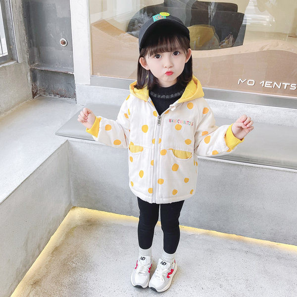 Нов модел детско яке на точки с качулка за момичета