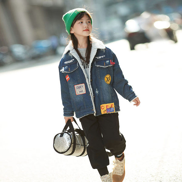 Детски дънково яке за момичета с топла подплата - широк модел