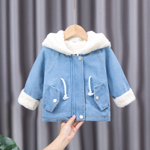 Детско яке с пух и връзки в син цвят 